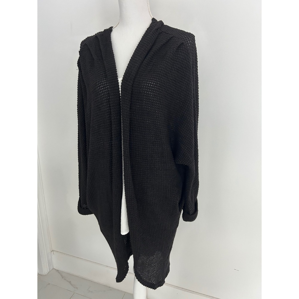 Zesica Black Waffle Knit Hooded Cardigan Batwing Sleeve Open Front Large